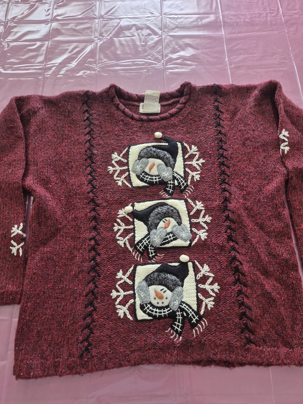 Vintage Holiday Christmas Red Sparkle See No/Speak No/ Hear No Snowman Sweater M